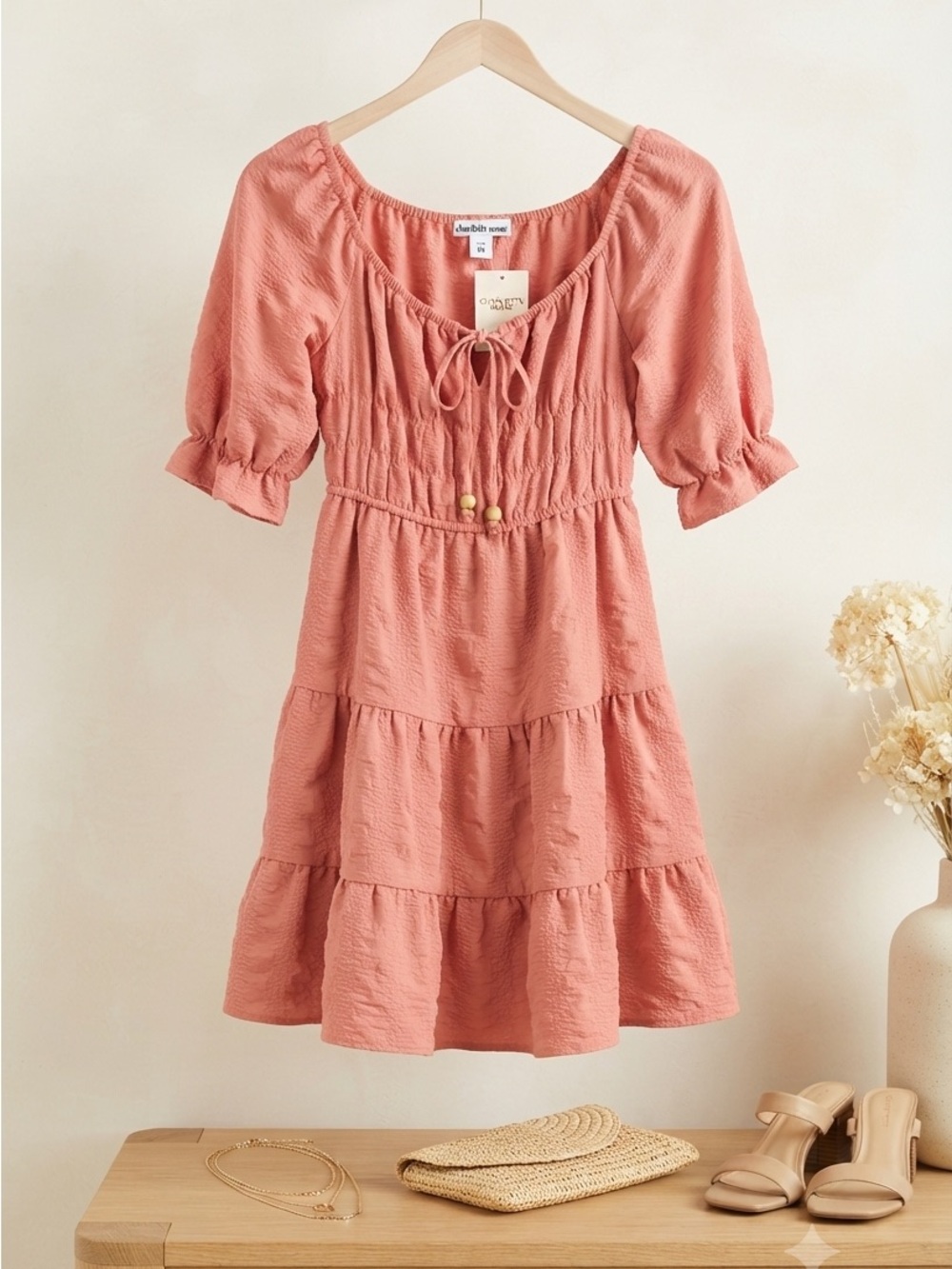 Charlotte Russe Coral Pink Tiered Dress with Smocked Waist and Puff Sleeves
